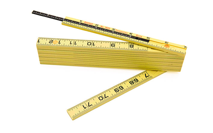Rhino Rulers 6' Carpenter's Outside Reading Extension Fiberglass Folding Ruler. Carpenter's Scale with (Ft/In/16ths). Made of tough polyamide reinforced with fiberglass for durability. Easy to read black-on-yellow markings & red 16" stud marks. Model 55160. 727659551607. Made in Switzerland