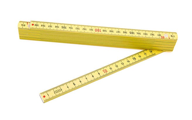 Rhino Rulers 2m Euro-Type Metric / Inch Fiberglass Folding Ruler. Made of tough polyamide reinforced with fiberglass for durability. Easy to read black-on-yellow markings & red 16" stud marks. Model 55170. Made in Switzerland