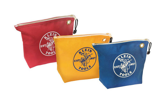 The Klein Tools 3-Pack Canvas Zipper Bags, Consumables bags are perfect for storing wire nuts, connectors, & other consumables. A brass grommet makes this bag easy to hang or attach to a belt or clip. Brightly colored for easy identification & convenience.  Made in USA. 5539CPAK ~ 092644552649