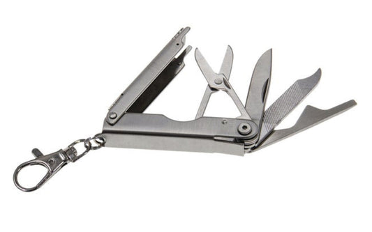 6-In-1 Stainless Compact Multi-Tool Keychain. Micro tool with clip easily attaches to keychain. Perfect for stowing in small tool or saddle bags. Stainless steel construction. Six functions include knife, nail file, nail cleaner, scissors, mini flathead screwdriver, bottle opener. Made by Lucky Line. 085721104015