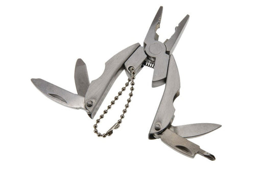 Stainless Compact Snapper Multi-Tool Keychain. Multi-tool easily attaches to keychains, bags, belt loops. Compact folding design lies flat in pockets. Spring-loaded pliers for easy one-handed operation. Includes serrated needle nose pliers, wire stripper, knife, Phillips screwdriver, flathead screwdriver, nail file 