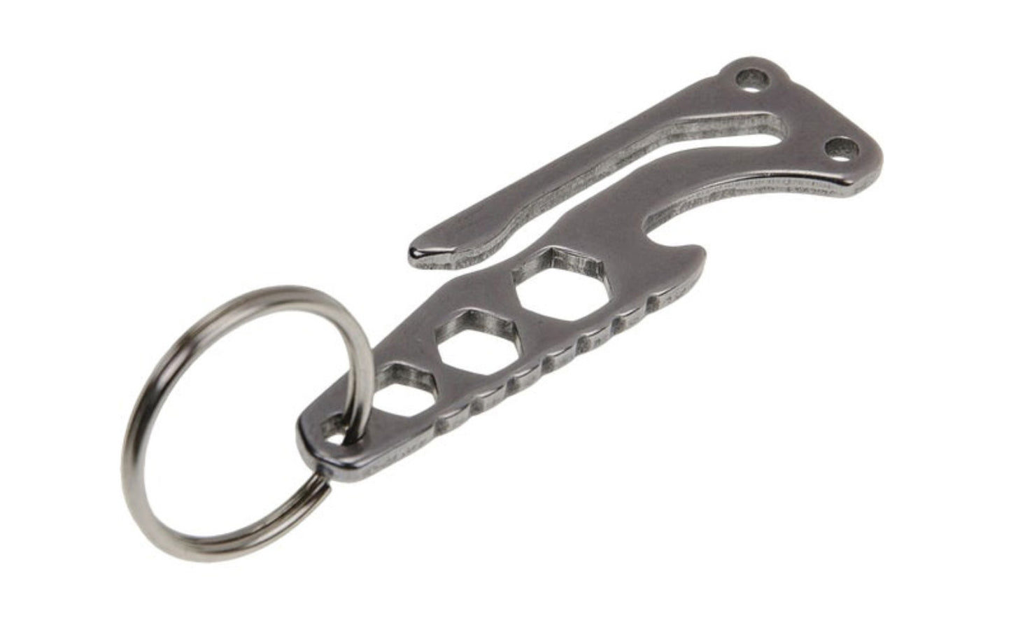 4-in-1 Stainless Pocket Clip Multi-Tool. Suspension style keychain easily attaches to belt or pocket. Stainless steel construction. Four functions including three hex wrenches and bottle opener. Made by Lucky Line.