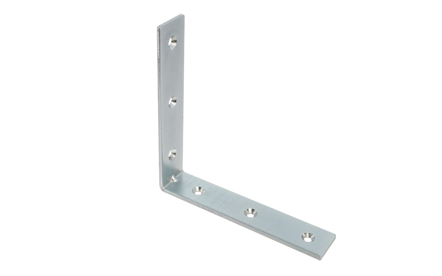 These 5" Zinc-Plated Corner Braces are designed for furniture, cabinets, shelving support, etc. Allows for quick & easy repair of items in the workshop, home, & other applications. Steel material with a zinc plated finish. Countersunk holes. Sold as singles, or bulk box of (10) corner irons. 5" size.