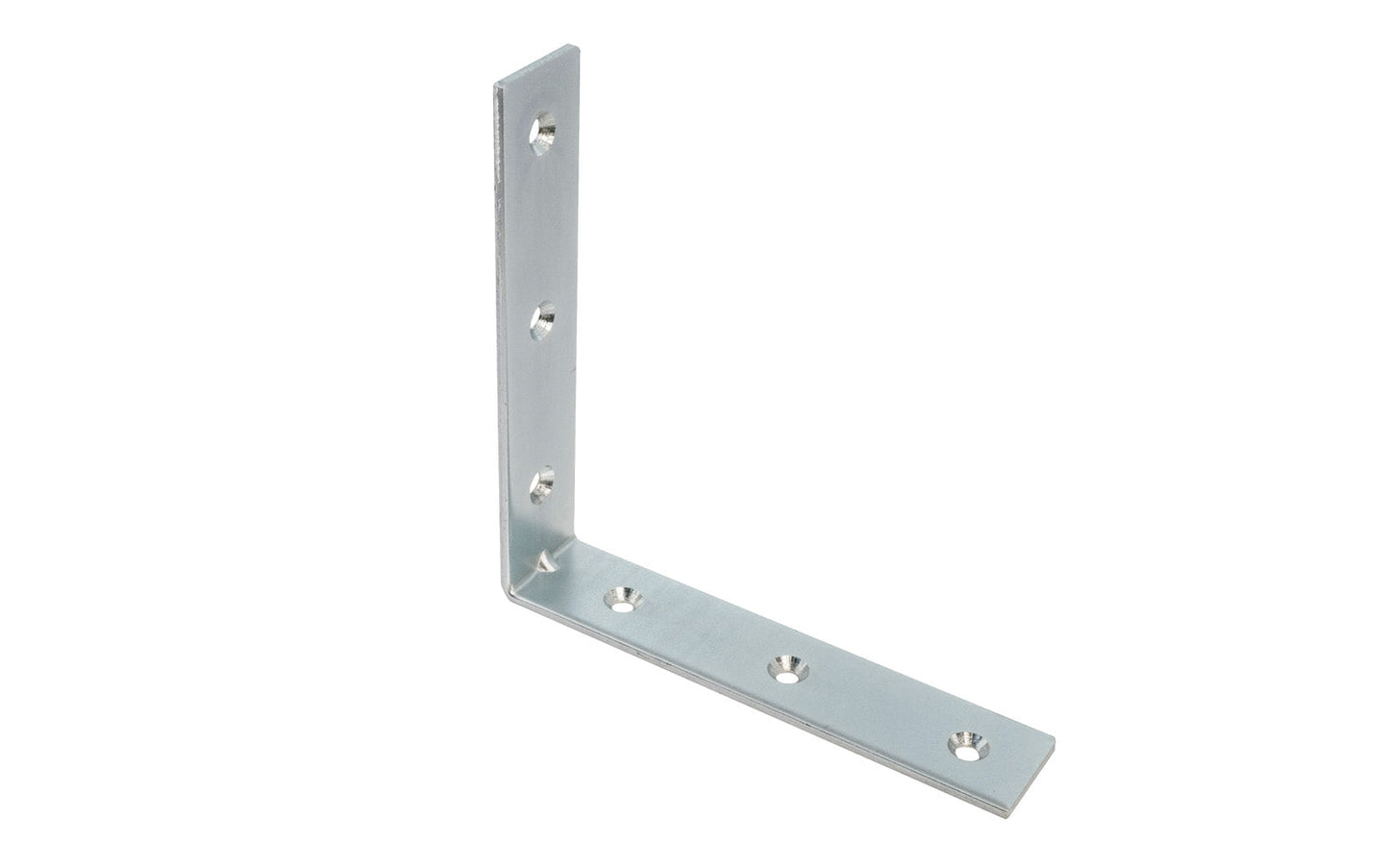 These 6" Zinc-Plated Corner Braces are designed for furniture, cabinets, shelving support, etc. Allows for quick & easy repair of items in the workshop, home, & other applications. Steel material with a zinc plated finish. Countersunk holes.