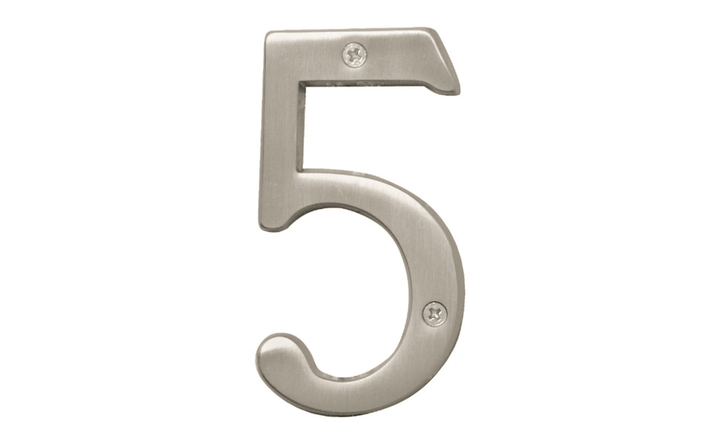 Number Five House Number in a 4" size. Satin nickel finish. Includes two phillips flat head screws. #5 house number. Hy-Ko Model BR-43SN/5. Hardware house numbers for outdoors. Includes screws. 029069309350. #5 Satin Nickel House Number - 4" Size
