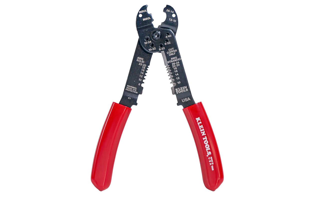 Klein Tools Multi-Purpose 6-in-1 Tool Stripper, Crimper, Wire Cutter ~ 1000 performs 6 different functions. It gauges, cuts & strips wire, measures & shears machine screws & crimps insulated terminals & connectors. Threaded holes to easily measure the size of machine screws & cut it if needed. Made in USA. 092644744006