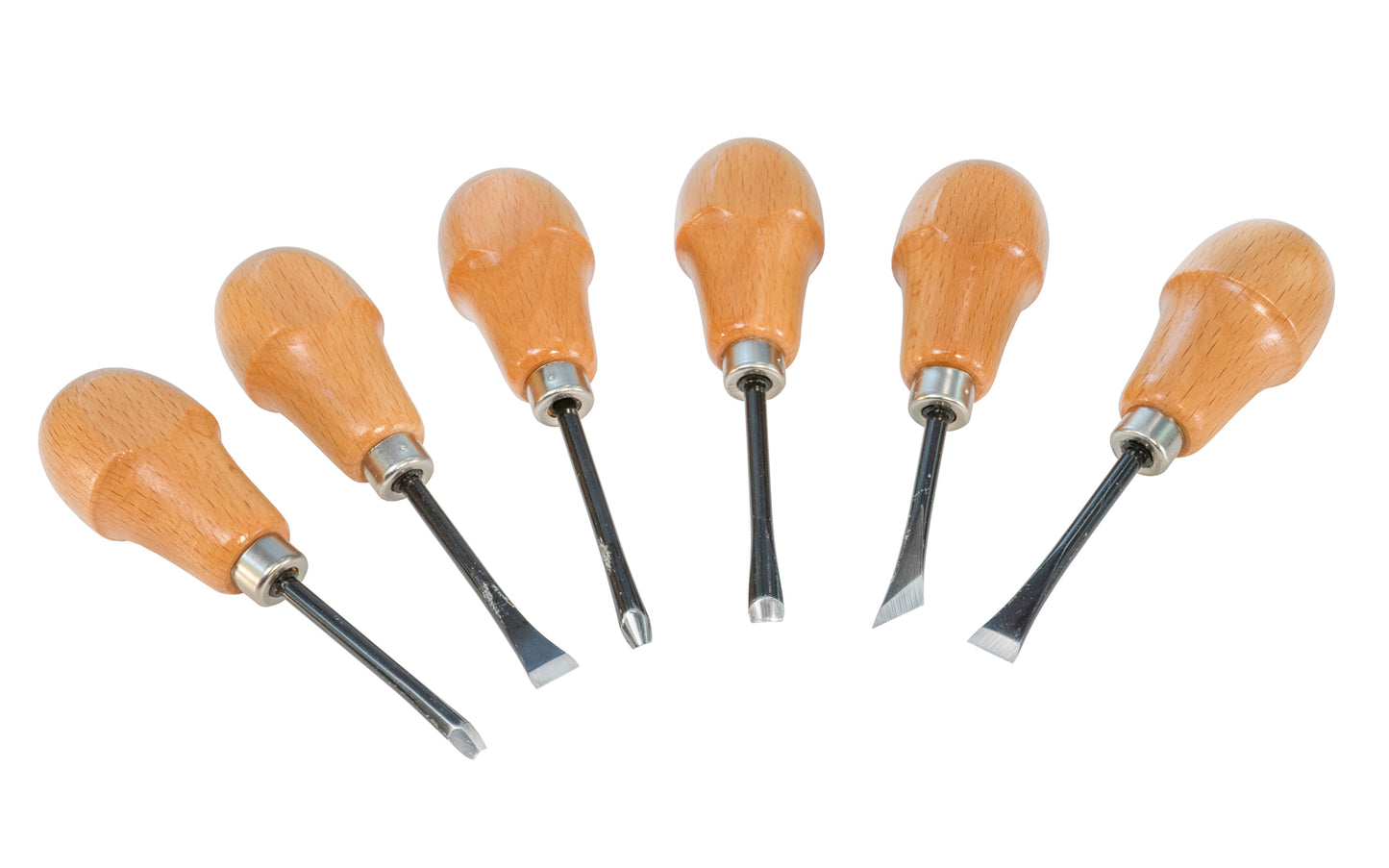Made in Japan · Straight, right hand skew, V parting tool, small gouge, large gouge included ~ Small-sized chisels great for fine detail work ~ Hardwood handles - 6-piece set of palm handle chisels. Six of the most basic & useful chisel styles are included in this set, & the half-round palm-style handles - 765-5100