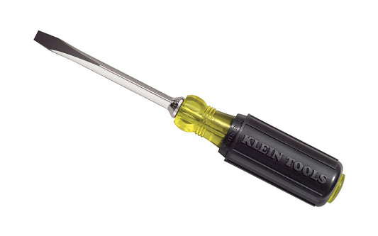 Klein Tools 1/4" Slot Heavy-Duty Keystone Screwdriver - 4" Shank ~ 600-4. Heavy-duty square shank for wrench-assisted turning. Precision-machined tip for exact fit - Cushion-Grip handle greater torque & comfort. Heat-treated, chrome plated shaft. 1/4"  tip size. Square Shaft. Keystone Slotted Screwdriver. 092644850028