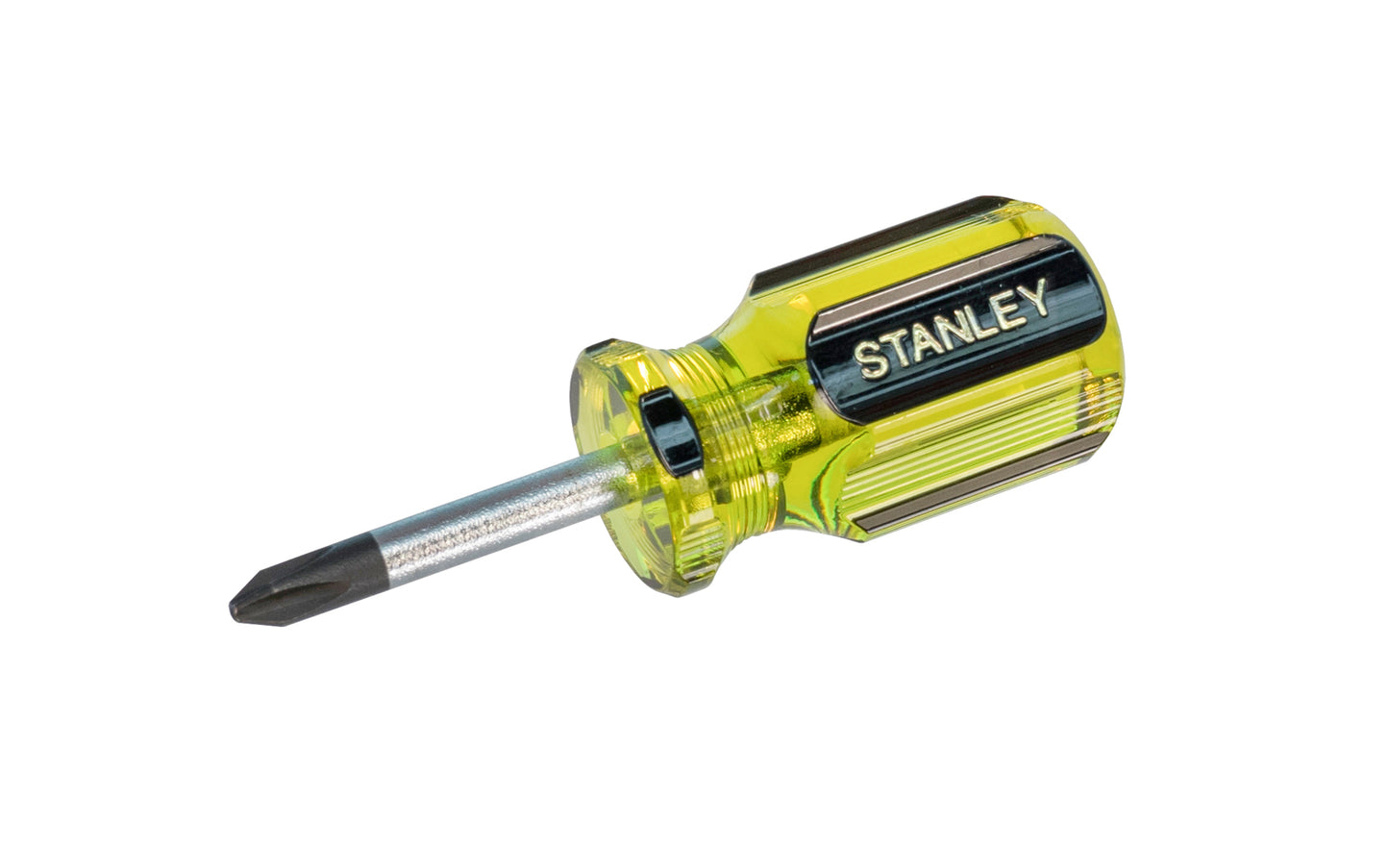 Stanley "100 Plus" No. 2 Phillips Stubby Screwdriver is great for heavy-duty applications. Model 64-105-A. Screwdriver has magnetic black oxide tip allows secure grip on fasteners. Precision cold formed tips provide high torque performance. 100% acetate handle stands up to heavy use. #2 Phillips Stanley Screwdriver