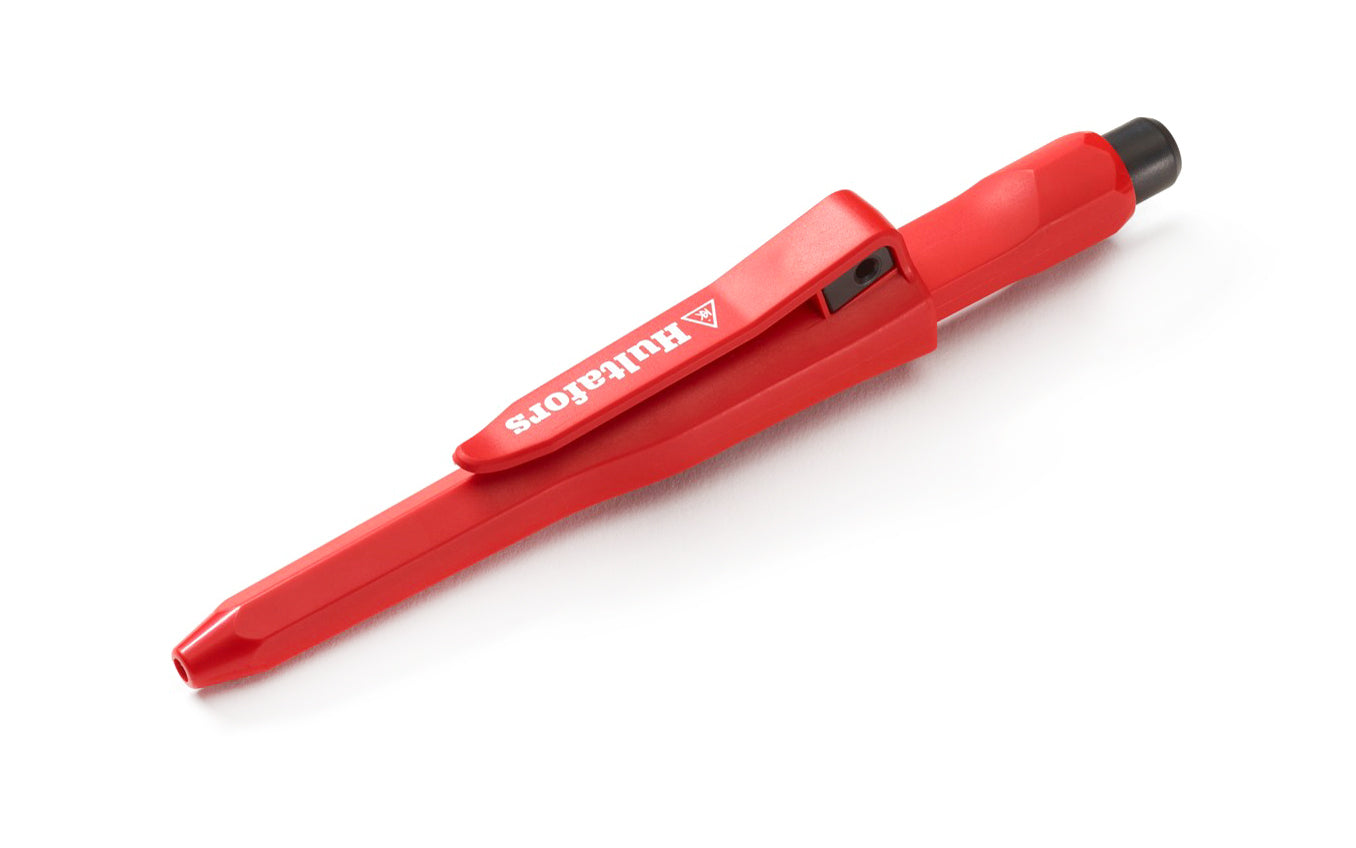 Hultafors Dry-Marker is a grip-friendly pen in a holster with built-in sharpener for clear markings. Deep Hole Marker. Optimized lead for durability & resistance to moisture. Sharp & accessible sharpener placed in holster. Model 650100. HDM. Grip-friendly & ergonomic design. With Refills. Refill available with 10 leads