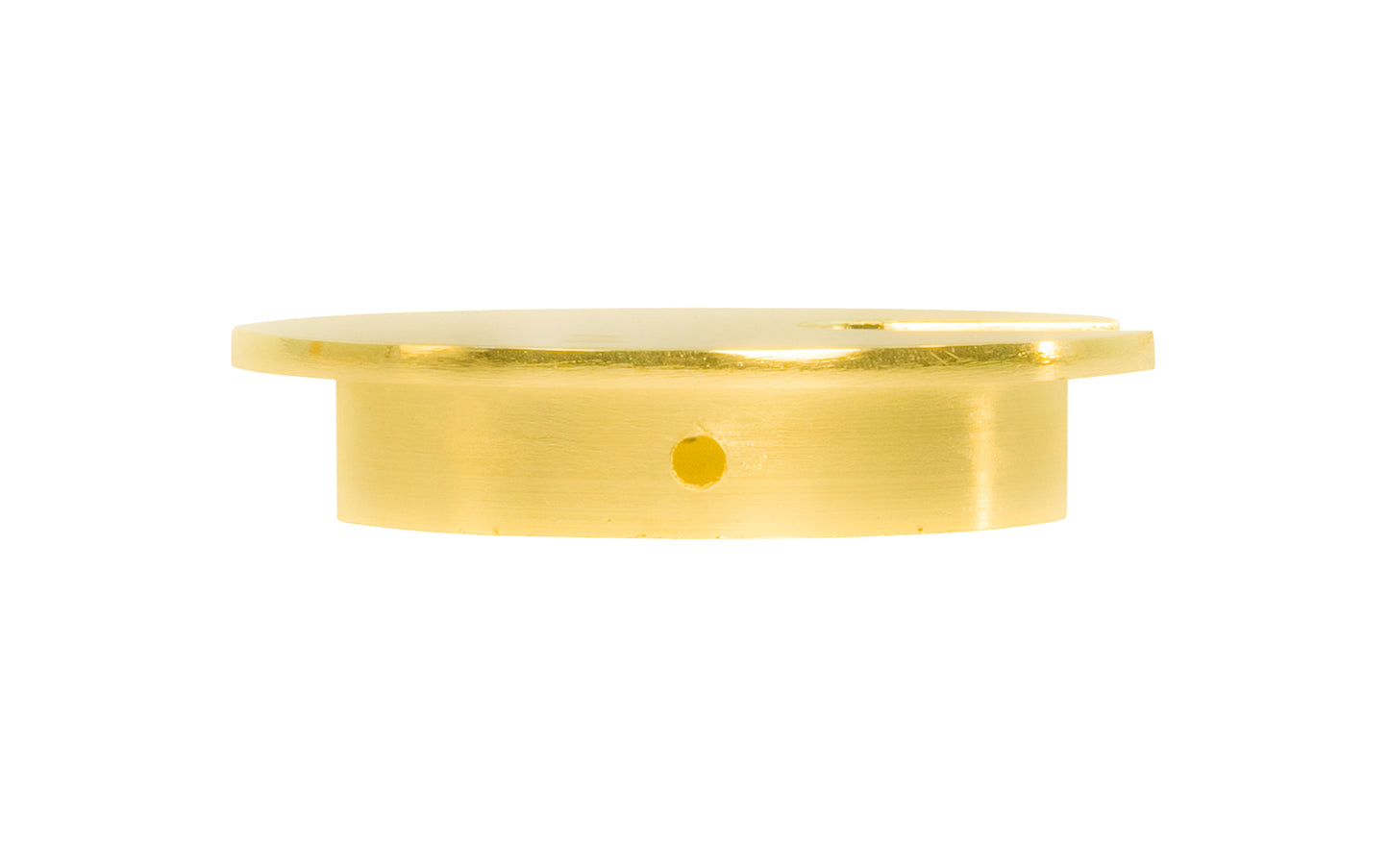 A good-looking grommet for desks or office spaces, etc. Made of zinc alloy die cast material with a shiny brass plated finish. 2-1/2" diameter hole, 3" diameter of top (lid) of grommet. Brass Plated Grommet for Desks - 2-1/2" Diameter Hole. Bright Brass desk grommet. Metal grommet