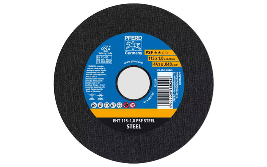 High quality 4-1/2" Cut-Off Wheel made by Pferd in Germany. This cut off wheel is designed for steel, cutting sheet metal, cutting holes, cutting solid material. The cut off disc has fast cutting action. 4-1/2" diameter of wheel. 7/8" arbor hole diameter. 0.040" thickness of blade. 4007220560242. Made in Germany.