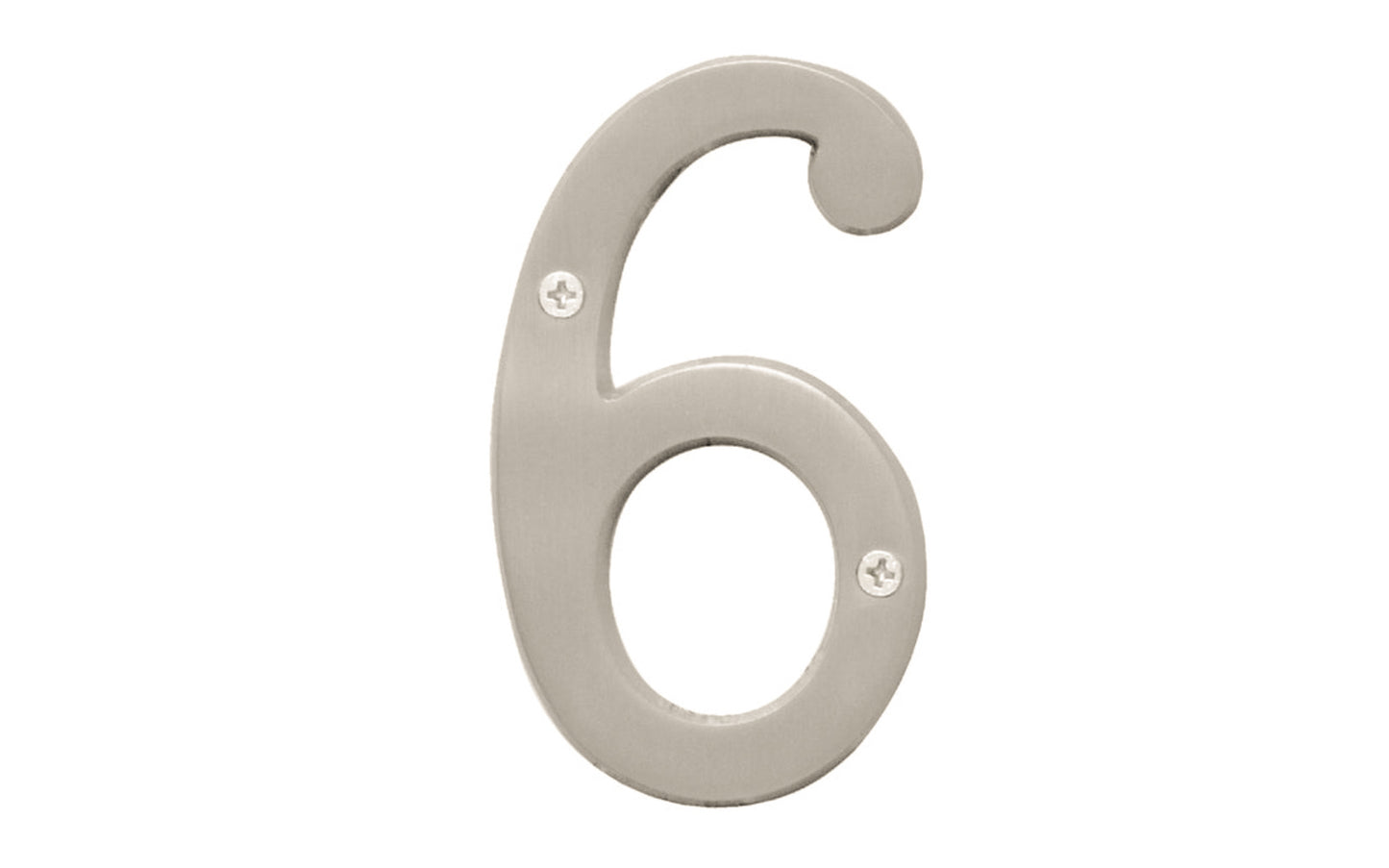 Number Six House Number in a 4" size. Satin nickel finish. Includes two phillips flat head screws. #6 house number. Hy-Ko Model BR-43SN/6. Hardware house numbers for outdoors. Includes screws. 029069309367. #6 Satin Nickel House Number - 4" Size