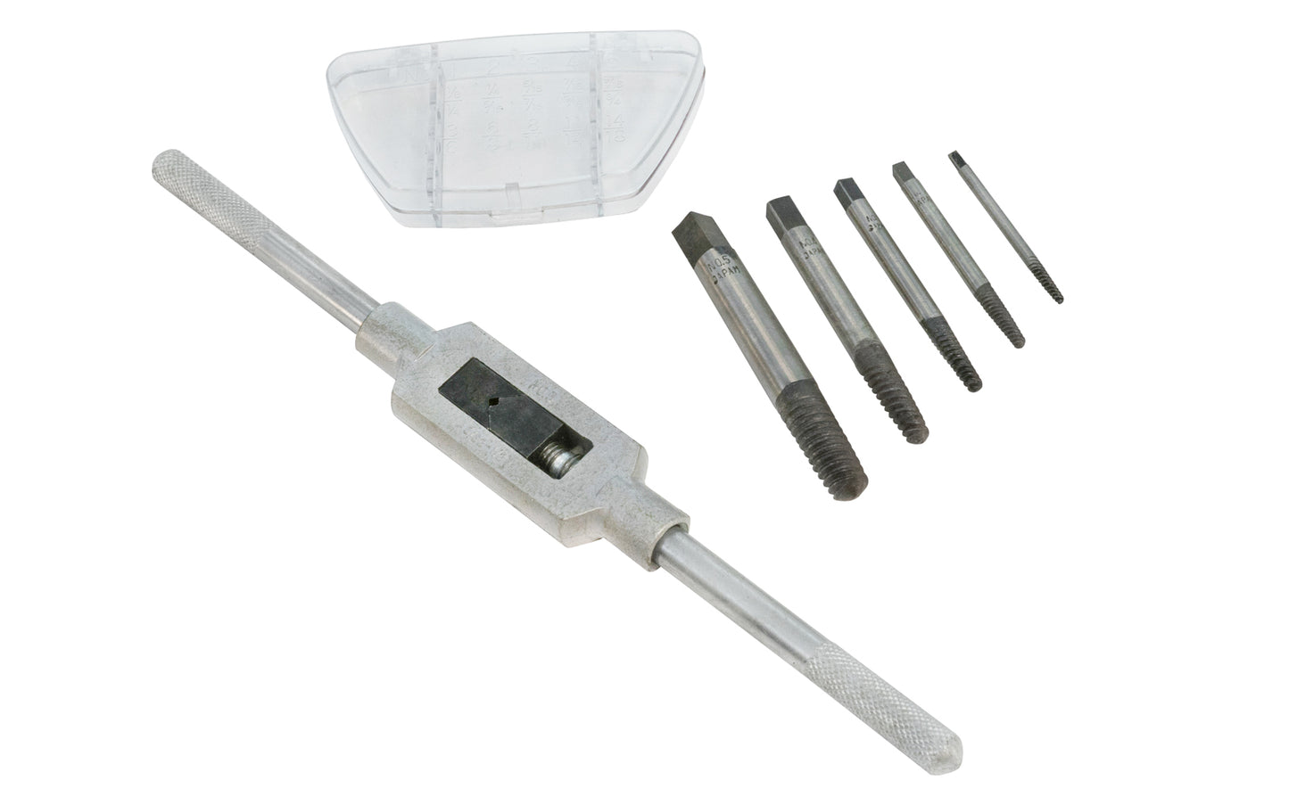 7-PC Screw Extractor Set with a forged tap wrench. Includes No. 1, No. 2, No. 3, No. 4, No. 5 screw extractors sizes. Plastic storage case included. Made in Japan.