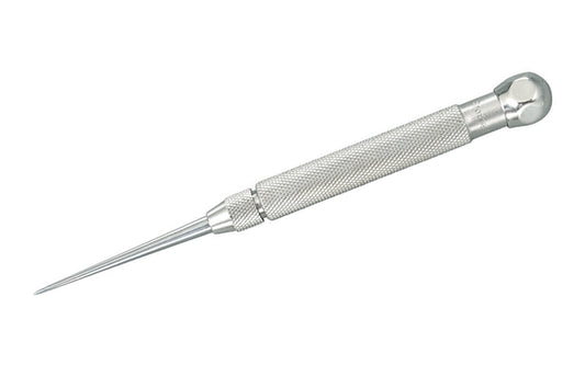 Starrett 70B Pocket Scriber - 3/8" Body. Steel handle, knurled, & nickel plated. Scriber is held firmly in the handle by a knurled chuck. Can be reversed, telescoped into the handle, & locked by the chuck. 2-7/8" (72mm) long scriber point. Hexagon-shaped head prevents rolling. Starrett Pocket Scribe. Made in USA.