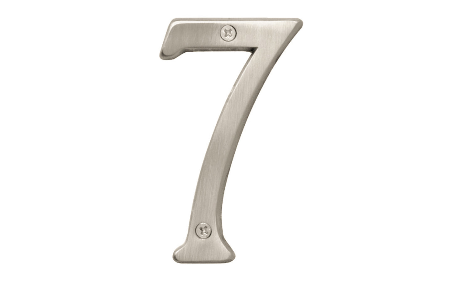 Number Seven House Number in a 4" size. Satin nickel finish. Includes two phillips flat head screws. #7 house number. Hy-Ko Model BR-43SN/7. Hardware house numbers for outdoors. Includes screws. 029069309374. #7 Satin Nickel House Number - 4" Size