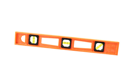 This 18" Orange "Structo-Cast" Johnson Level frame is non-conductive & will not scratch fine wood or painted surfaces. Level also comes equipped with durable acrylic vials for easy reading at different angles, & the level is field serviceable. High visible orange color. Replaceable vials. Model No. 7718-O. 049448771820 ~ Made in USA