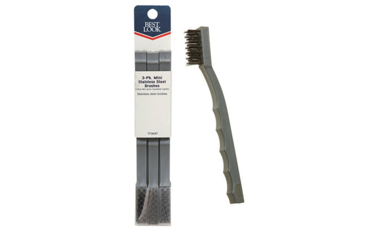 Corrosion-resistant stainless steel mini brush removes rust, scale, dirt, and general surface preparation. Clean tools, small engine parts, copper and aluminum tubing, grills, or any other hard surface. 7-3/4". offset polypropylene handle protects hands from work surface. 1/2" bristles. Brush made by Best Look.