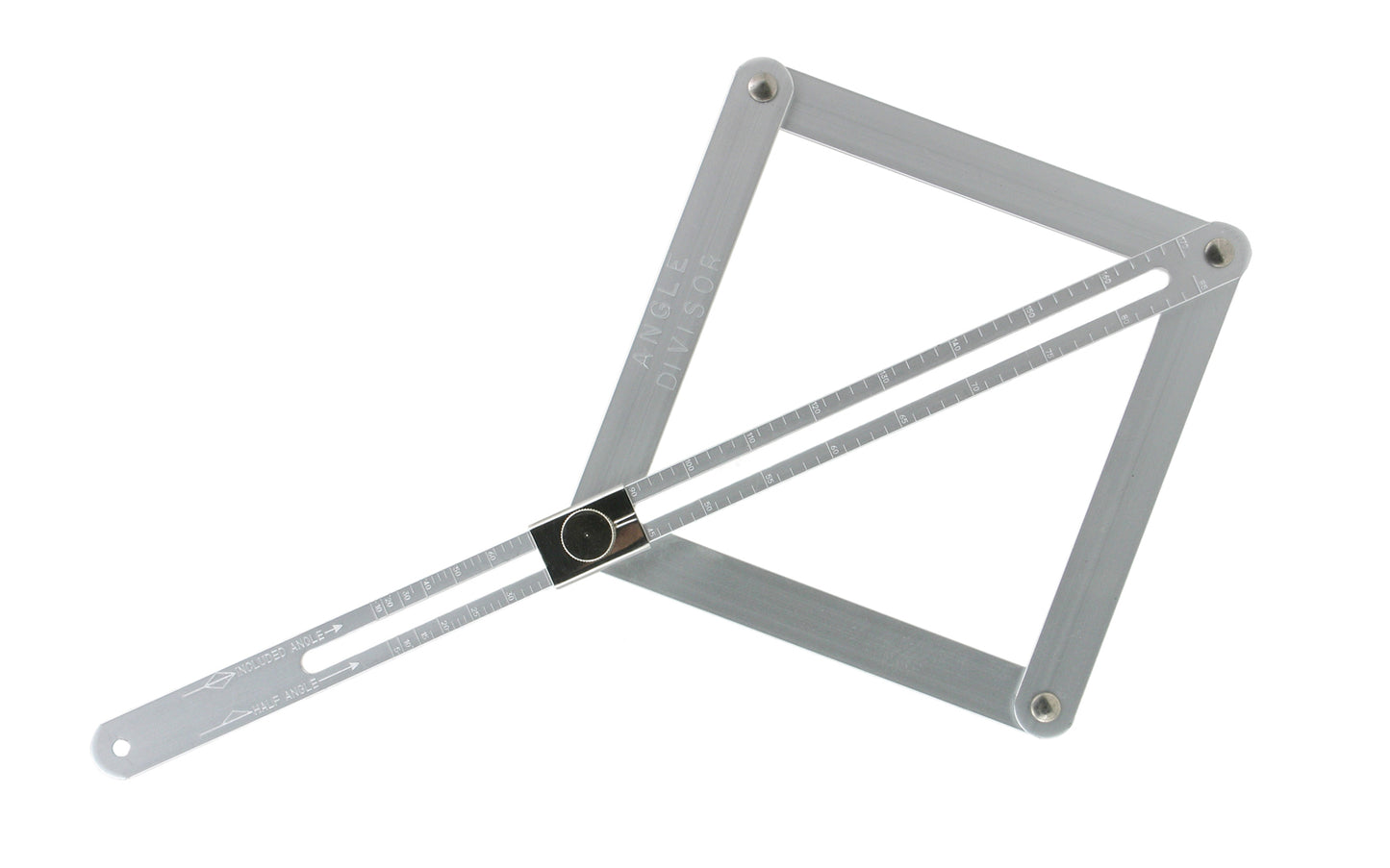 This Angle Divisor tool makes it easy to divide an angle in half for accurate mitering as well as transferring angles from 10° to 170°. Makes finish carpentry significantly easier & faster. Commonly used angles are marked for ready reference.