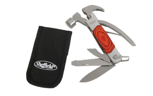Sheffield 14-in-1 Multi-Tool. Hammer, nail claw, 1/4" slotted screwdriver, No. 2 Phillips screwdriver, linesman pliers, regular pliers, serrated blade, razor sharp knife, wire cutters, wire stripper, can opener, file, and key holder. Polished hardwood and stainless steel construction with nylon belt pouch. 5-1/4" long.