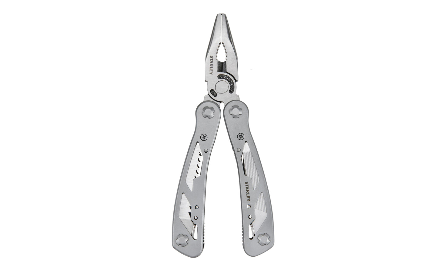 Stanley 12-in-1 Multi-Tool has stainless-steel construction with nylon holster. Includes long nose pliers, curve jaw pliers, wire cutter, saw, Phillips screwdriver, standard 1/4", 5/16", 1/8" screwdrivers, file, small knife, large knife, can opener, & bottle opener. Multi-purpose tool for everyday use. Model No. 84-519