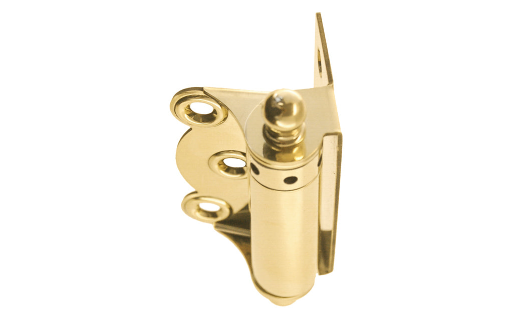 Traditional half surface brass spring hinge with solid brass ball-tips with a concealed spring. Designed for screen doors & other light duty self-closing doors. 2-3/4" high hinge size. Solid Brass Ball Tip Screen Door Hinge. Unlacquered Brass (will patina over time). Non-lacquered brass. Un-lacquered Brass.
