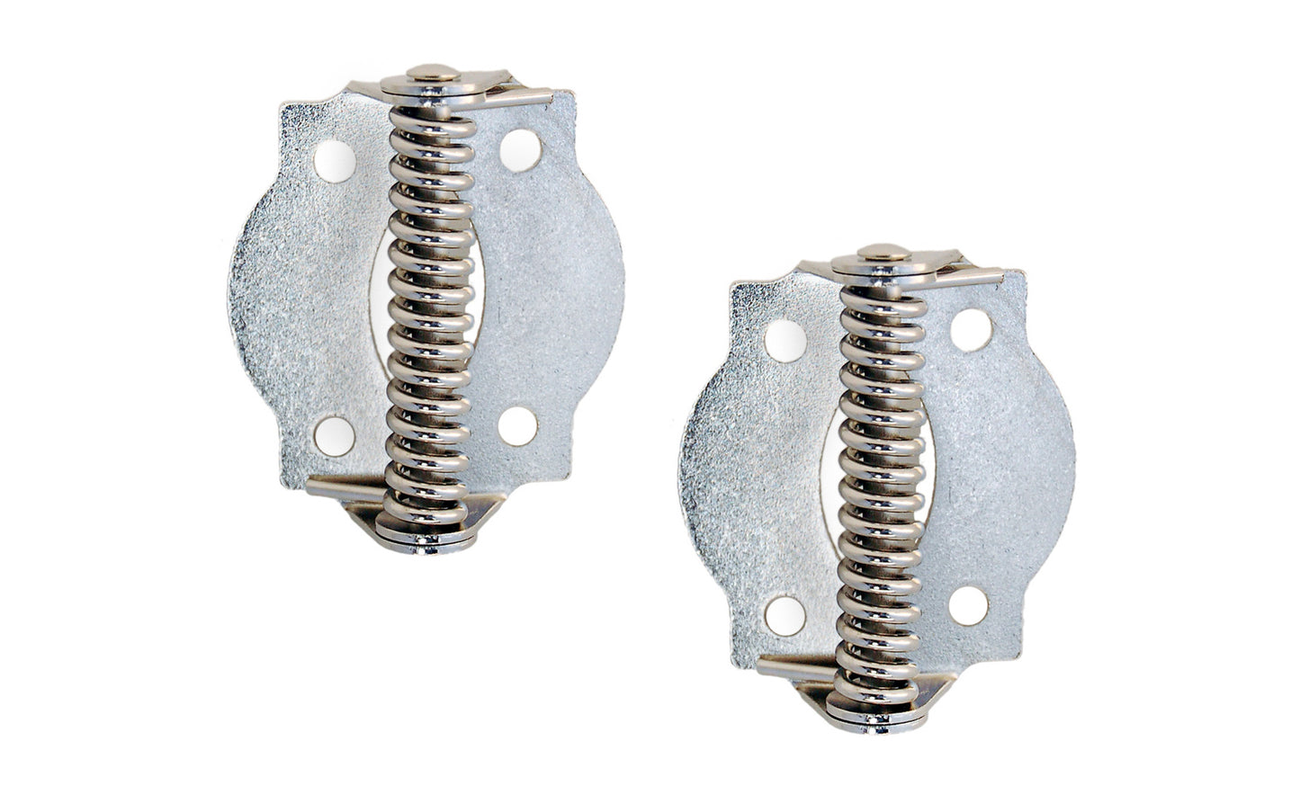 A pair of very traditional full surface hinges with spring, for screen doors & other self-closing doors. Spring-loaded & made of steel material with a plated finish on steel. Available in various finishes. 1-3/4" x 1-3/4" size of each hinge. Sold as pairs. Traditional & classic Steel Spring-Loaded Screen Door Hinges. Polished Nickel Finish on Steel