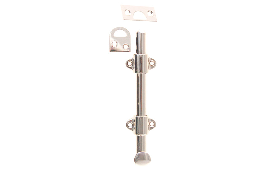 Vintage-style Hardware · Classy & handsome solid brass medium-duty surface bolt. Great for windows, doors, French windows, cabinets. 1/2" diameter half-rod with 1-3/8" wide guide brackets (stays) & 3/4" diameter knob. Includes small mortise strike & rim strike, & six slotted flat head screws. Solid Brass Dutch Bolt. Polished Nickel Finish