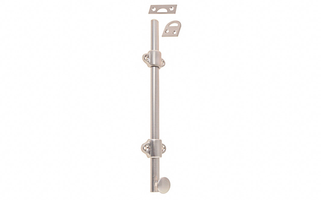Vintage-style Hardware · Classy & handsome solid brass medium-duty surface bolt. Great for windows, doors, French windows, cabinets. 1/2" diameter half-rod with 1-3/8" wide guide brackets (stays) & 3/4" diameter knob. Includes small mortise strike & rim strike, & six slotted flat head screws. Solid Brass Dutch Bolt. Brushed Nickel Finish