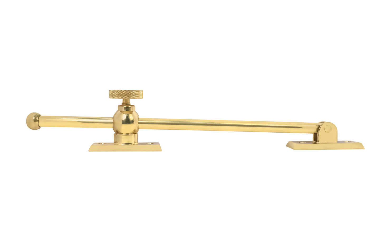 Vintage-style Classic & Premium Solid Brass Casement Adjuster Stay ~ 10" Length. For securing outswing casement windows. It has a durable pivot turn with a knurled knob for smooth & secure operation. Unlacquered brass. Non-lacquered brass (the un-lacquered brass will patina over time).