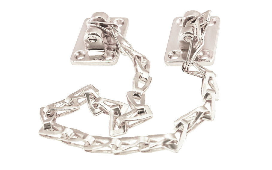 Classic & traditional sturdy adjustable transom chain with solid brass mounting bases for transom or in-swing windows. The 15" long chain is made of steel material with a plated finish. Secures transom or in-swing windows. Polished Nickel Finish.