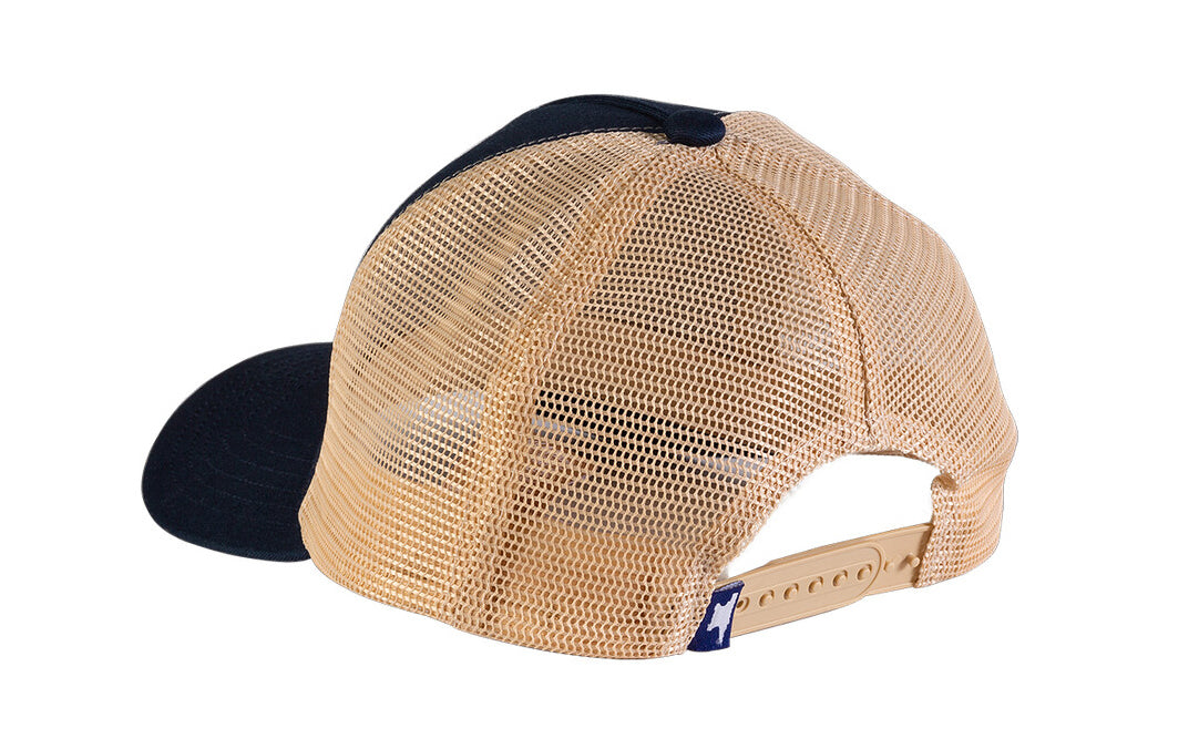 Buck Knives Embroidered Logo Trucker Hat with Blue / Khaki colors. The hat is constructed of 50% cotton / 50% polyester. This cap has a precurved visor. Snapback closure. One size fits all. Buck Knives Ball Cap Hat.