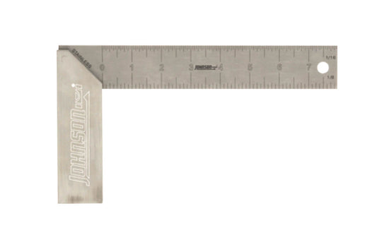 Johnson 8" try square makes assessing angles & marking straight cuts easy & accurate. Heavy-duty solid aluminum handle is built to last & it's heavy-duty blade is made of stainless steel for anti-corrosion. Square features graduations in 1/8" & 1/16" increments. Good for laying out 45° & 90° angles. Model 1908-0800 ~ 049448190805