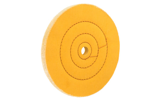 Yellow mill treated buffs perform more aggressively than regular cotton cloth. Use on all metals with the appropriate compound where a faster cut is needed. Made of fine cotton sheeting held together with two circles of lockstitch sewing. 1/2" wide thickness. 8" Diameter Wheel. 1/2" arbor hole. Dico Polishing Company 7000320. Made in USA