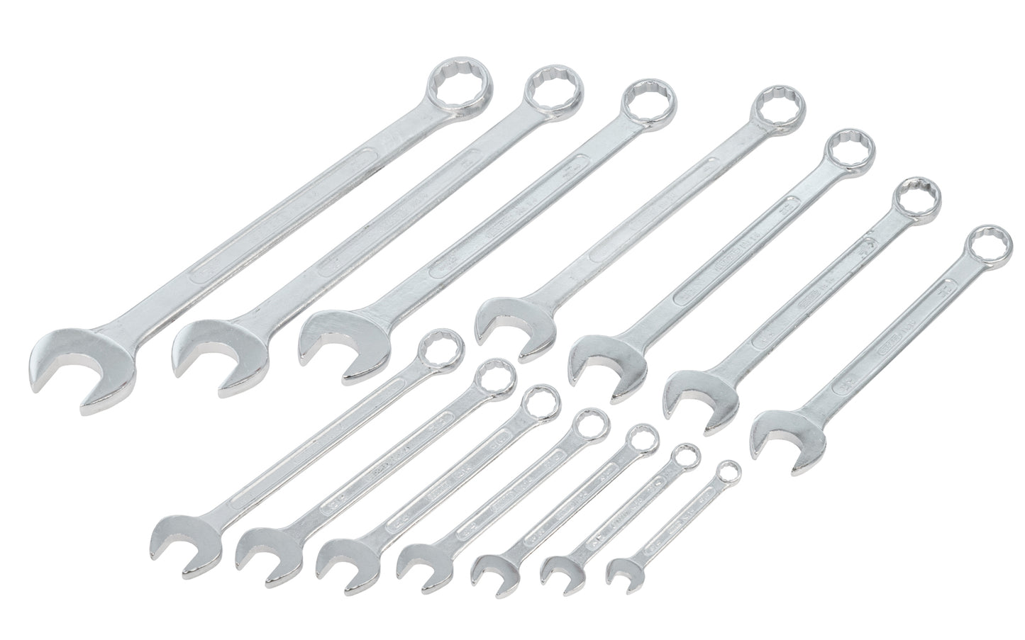 14 piece drop forged combo wrench set made by Gedore. Sizes included: 3/8", 7/16", 1/2", 9/16", 5/8", 11/16", 3/4", 13/16", 7/8", 15/16", 1", 1-1/16", 1-1/8", 1-1/4". 12 point. Combination wrench set. Gedore Brand. Drop Forged Steel. Combo Wrench Set. Made in India.