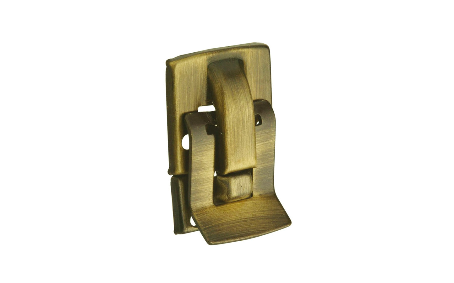 An antique brass finish snap catch with concealed screw holes. Designed to add a decorative appearance to boxes, small chests, jewelry boxes, craft projects, etc. Made of steel material with an antique brass finish. 7/8" wide x 1-1/2" high. National Hardware Model No. V1846. 038613211964