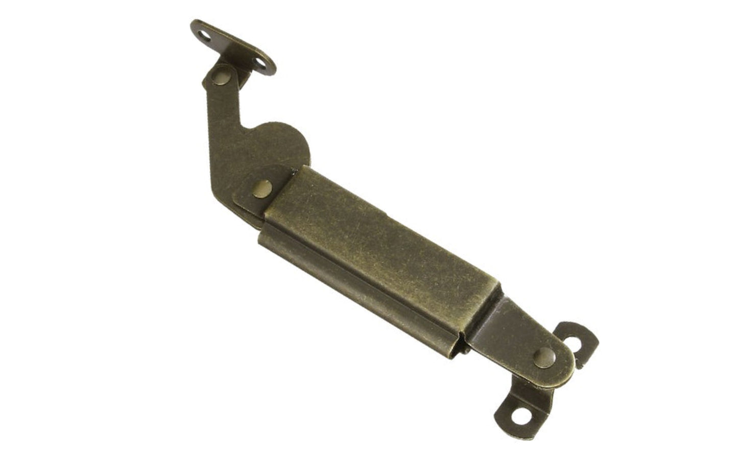 Left-Handed Spring Lid Support ~ Antique Brass Finish designed to hold open lids on chests & boxes to help prevent slamming. Spring-loaded supports make toy boxes safer as well. Made of steel material with an antique brass finish. National Hardware Model No. V1893L. Spring loaded lid support. 038613208667. Left Side