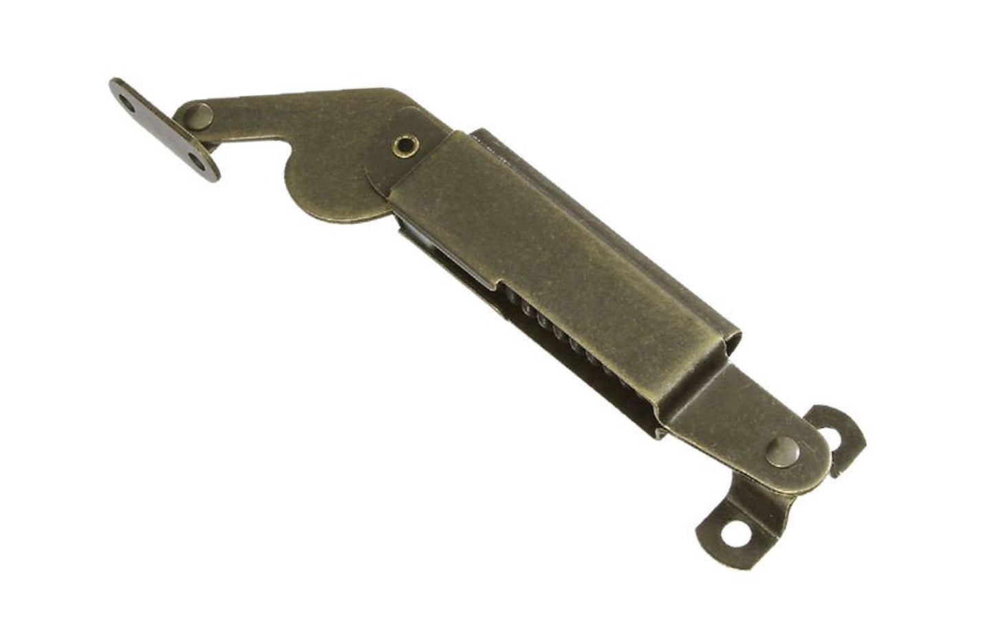 Right-Handed Spring Lid Support ~ Antique Brass Finish designed to hold open lids on chests & boxes to help prevent slamming. Spring-loaded supports make toy boxes safer as well. Made of steel material with an antique brass finish. National Hardware Model No. V1893R. Spring loaded lid support. 038613208674. Right Side