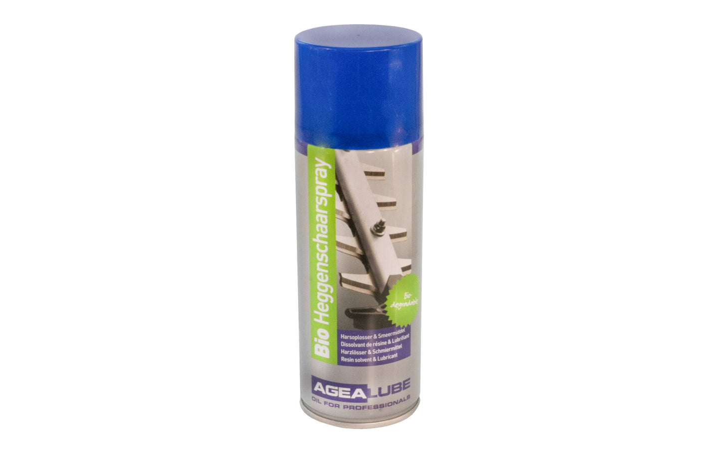 Biodegradable Cleaner for Hedge Trimmer Blades made by Bahco. Designed for removing resin & lubricating blades. Spray canister - 400 ml. Agealube - Oil for Professionals