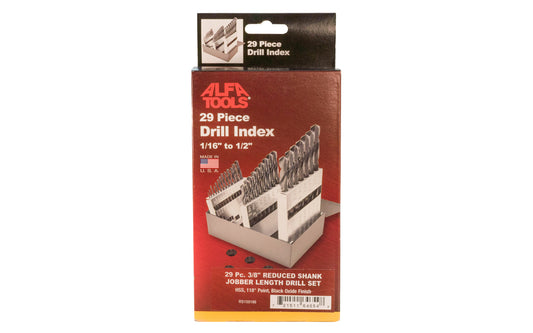 29-Piece HSS Black Oxide Finish Drill Index - 1/16" to 1/2" by 64ths. General purpose drill bit set with conventional 118° point angle. For drilling in a wide range of materials. High speed steel jobber twist drill bits. Drill Bit Set. Made in USA.