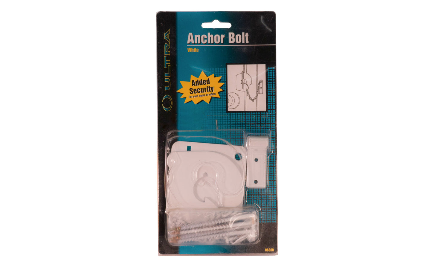 Anchor Bolt for Doors - White Finish. For residential or commercial doors. Fits on all door jambs - wood or metal. Solid steel construction - White color. Fasteners included. Made by Ultra Hardware. Model 06360