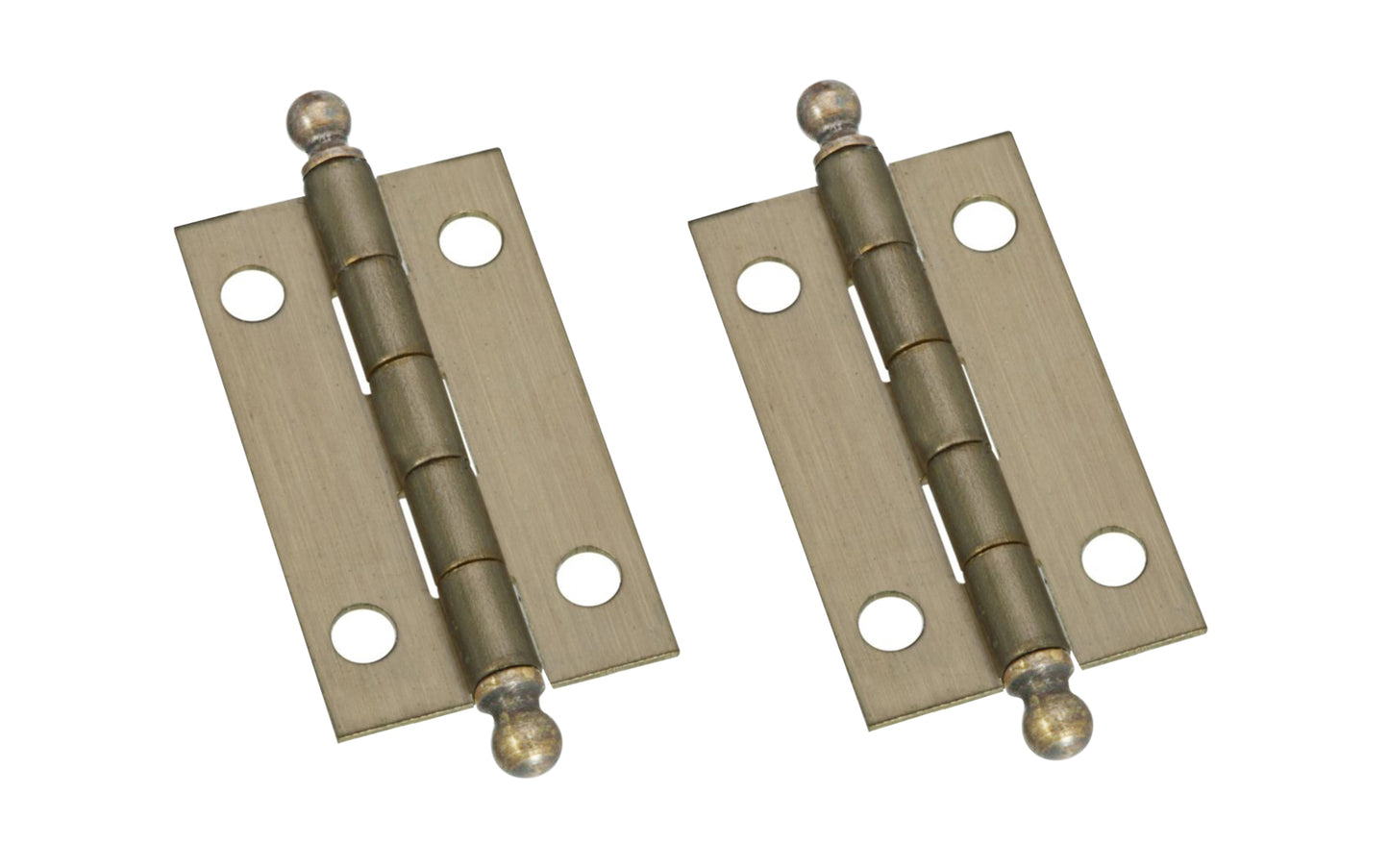 1-1/2" x 7/8" Antique Brass Ball Tip Hinges ~ 2 Pack ~ These ball tip antique brass hinges add a decorative appearance to small boxes, jewelry boxes, small lightweight cabinet doors, craft projects, etc. Solid brass material with antique brass finish. 1-1/2" high x 7/8" wide. Surface mount. Non-removable pin. Sold as a pair of hinges. National Hardware Model No. N213-546.