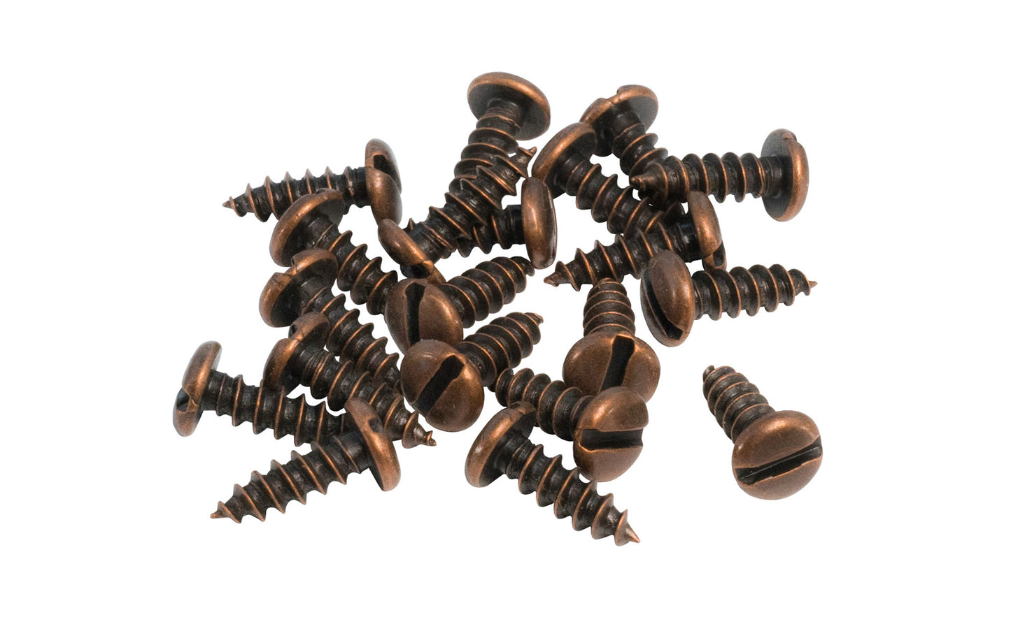 Round head slotted steel screws in a antique copper finish. Great screws for or Mission style or Arts & Crafts style hardware. Traditional & classic vintage-style wood screws. 20 PCS in bag. 1/2" overall length screw. 5/16" diameter round head. Sold as 20 slot head screws in bag.