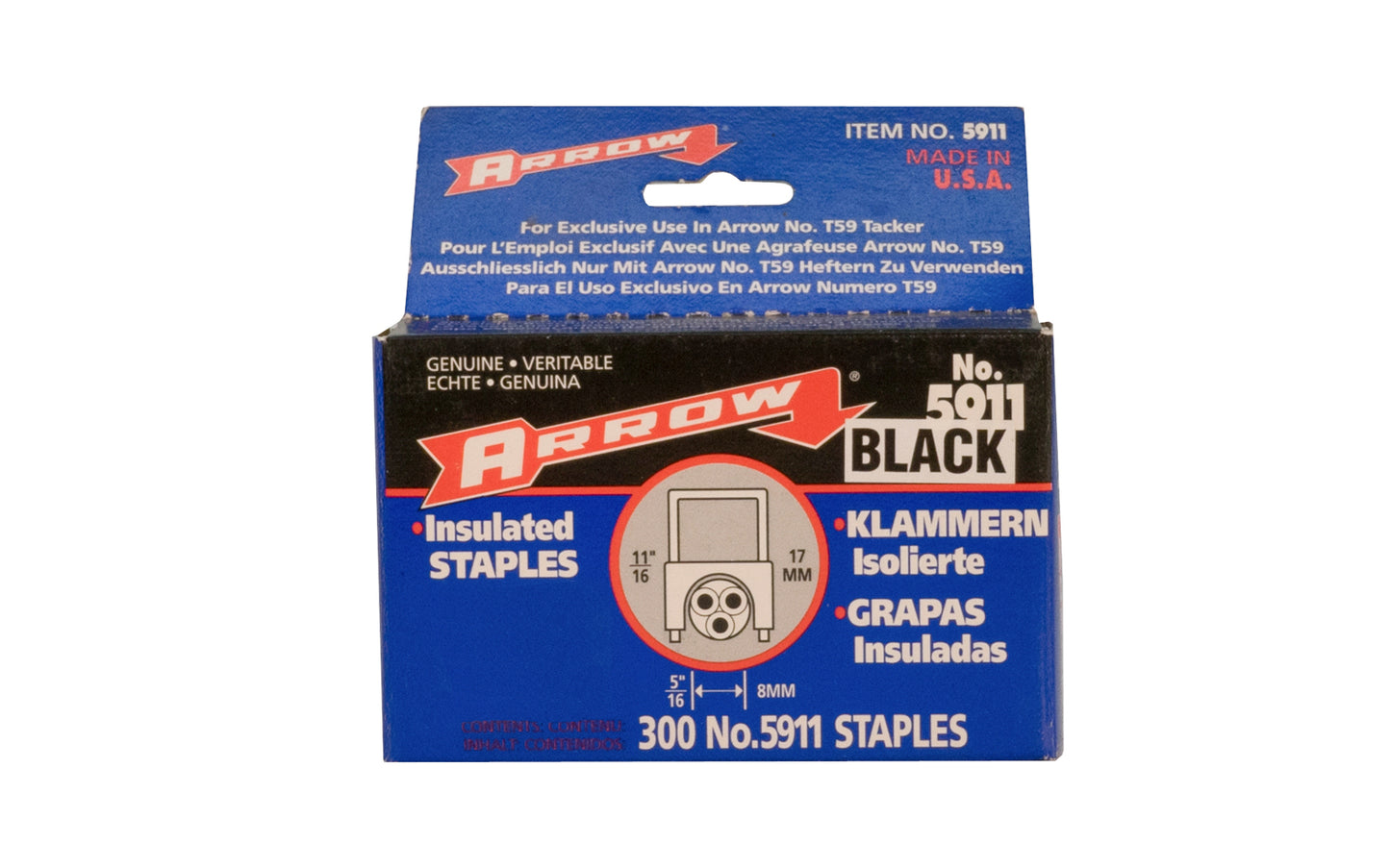 Arrow T59 Insulated Cable Staple for use with Arrow staple gun. For RG-59 and other wire up to 5/16 In. wide. Item No. 591188BL. 11/16" Overall Height, 1/4" Leg Depth Length. 300PK. Made in USA. 079055591115. 591188BL. Arrow Insulated Black Cable Staples - 1/4" - 300 PK