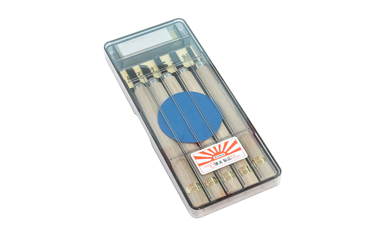 Good Japanese Asahi 5-Piece Mini Carving Set Japanese made in Japan. They all have sharp edges making them excellent for fine detail carving woodwork. Five of the most basic & useful chisel styles are included in this set. Small whetstone for sharpening is included in set, & hard plastic case for storage. 4957935051255