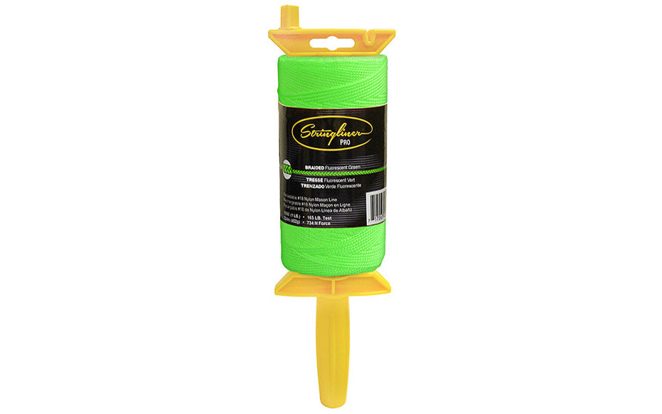 Stringliner Braided Mason Line - Fluorescent Green. Stringliner PRO Mason's Line Reloadable Reels are made of durable polyethylene, with a USA-made handle that allows you to quickly change rolls. Pro Reel fits all Stringliner rolls from 4" to 6" long. Available in 1000' (1 lb) length roll. #18 nylon mason line