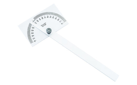 Starrett C183 Satin Chrome Protractor. Useful & accurate tool for setting bevels, transferring angles, squaring tasks, checking cutter clearances, & many other applications. Made in USA. EDP 50672. Satin chrome finish for ease of reading & resistance to rust.