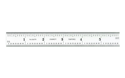 Starrett 6" Rule - 1/16", 1/32", 1/64", 1/100" Grads. Starrett 6" (150mm) Spring-Tempered Steel Rule with Millimeter and Inch Graduation features a satin chrome finish. Graduations at 32nds and 1/2mm on one side; 64ths and mm on reverse.   Made in USA.