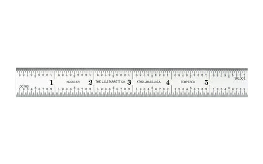 Starrett 6" Spring-Tempered Steel Rule with Inch Graduation features a satin chrome finish. Graduations at quick-reading 32nds, 64ths, aircraft quick-reading 1/50", 1/100", 1/32", 1/64", 16R Grads. Model C616R-6.   Made in USA.