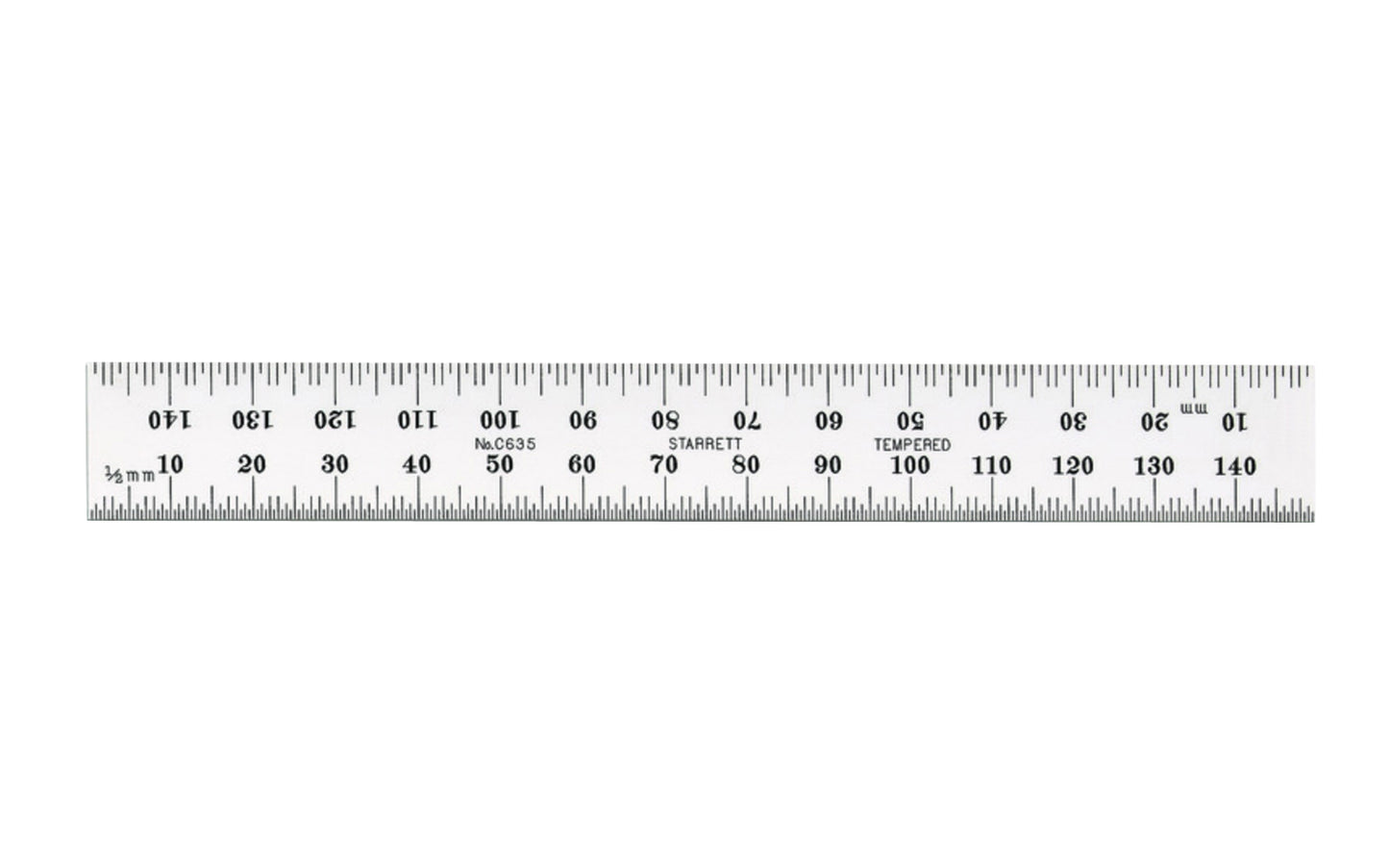 Starrett 6" Metric Rule - 1.0 mm, 0.5 mm Grads. The Starrett 150mm (6") Steel Rule with Millimeter Graduation features a satin chrome finish. Graduations at mm and 1/2mm on both sides.   Made in USA.